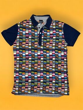 Desigual Navy Trim Multicolor Stripe-Block Polo sz S Men’s